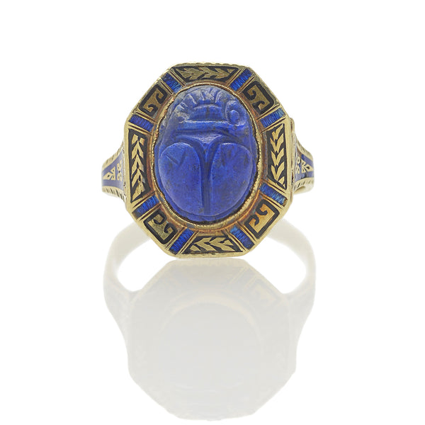 Art Deco Egyptian Revival Enamel Lapis Scarab Ring