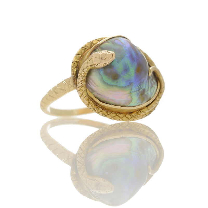 Victorian Abalone Blister Pearl Engraved Snake Ring